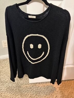 Promesa Black Crewneck Sweater with Cream Smiley Face